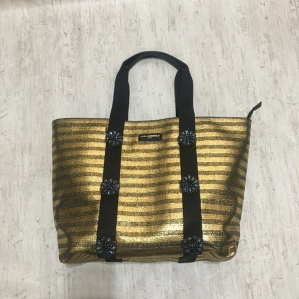 KARL LAGERFELD STRIPED GOLD SHOPPER TOTE BAG